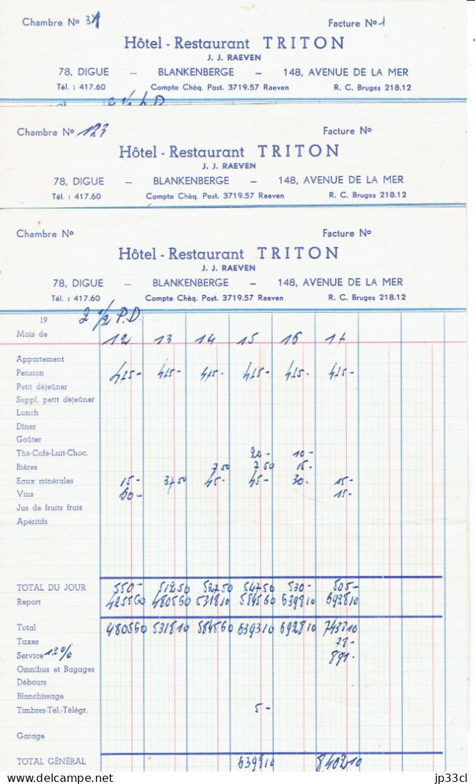 Lot De 3 Anciennes Factures De L'Hôtel-Restaurant Triton, Avenue De La Mer, Blankenberge (années 1950) - 1950 - ...