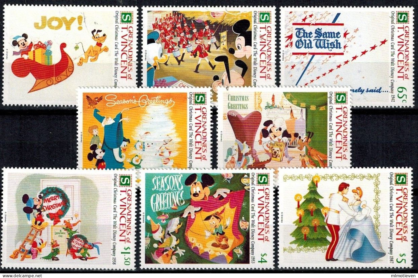 MWD-BK4-210-3 MINT PF/MNH ¤ GRENADIINES OF SAINT VINCENT 1991 8w In Serie  ¤ THE WORLD OF WALT DISNEY - CHRISTMAS CARDS - Disney