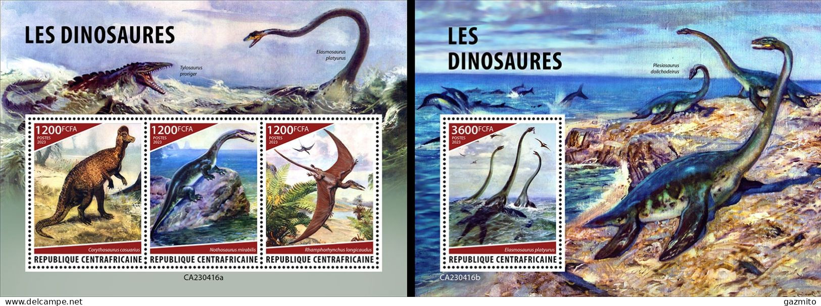 Centrafrica 2023, Animals, Dinosaurs, 3val In BF+BF - Prehistorics