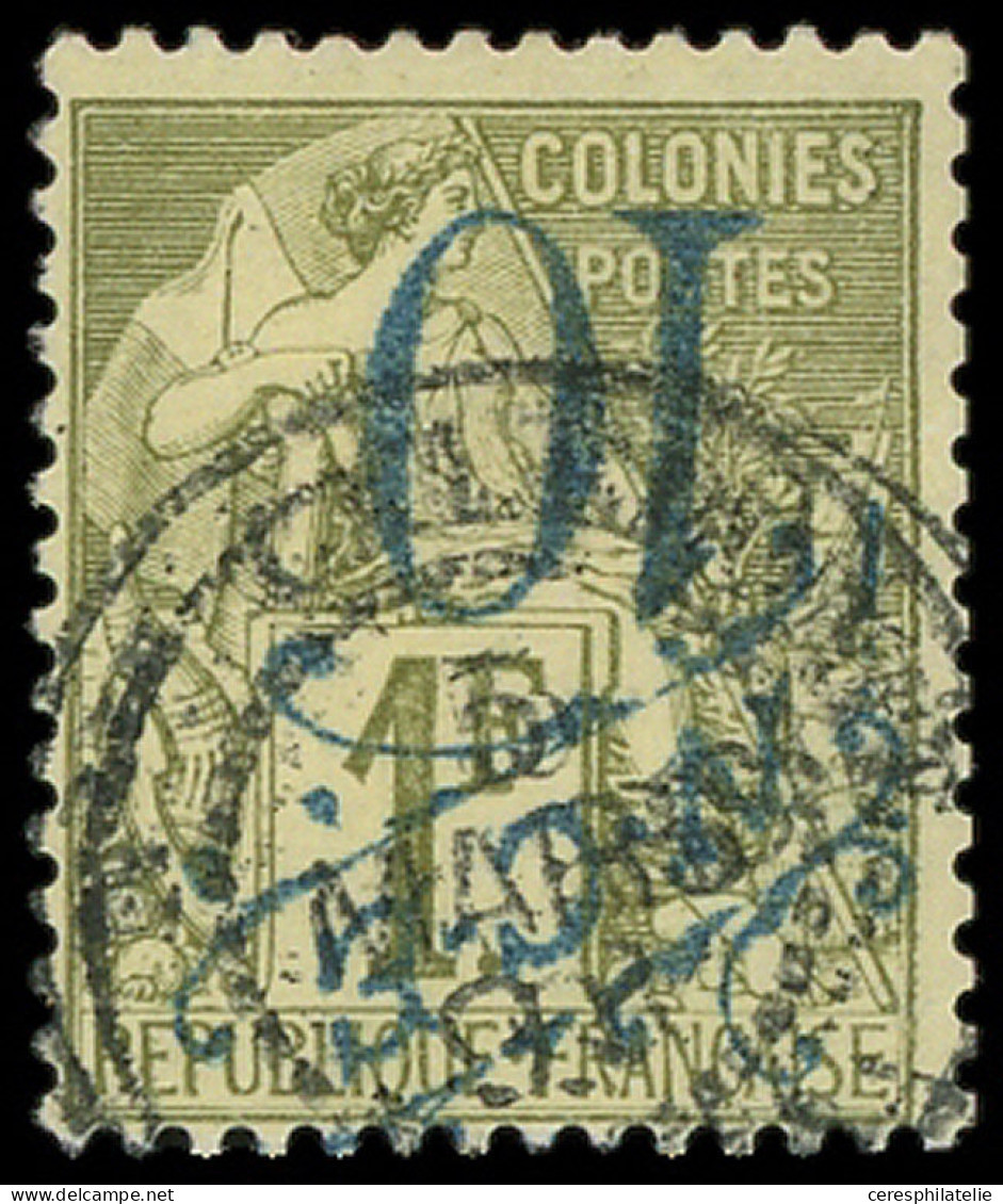 NOUVELLE CALEDONIE 40a : 10 Sur 1f. Olive, Surch. Bleue RENVERSEE, Obl., TB - Used Stamps