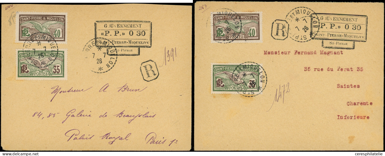 Let SAINT PIERRE ET MIQUELON 3 Env. Rec. Avec Cachet GOUVERNEMENT "P.P." 030 Et Càd St PIERRE Et MIQUELON 1926, TB - Covers & Documents