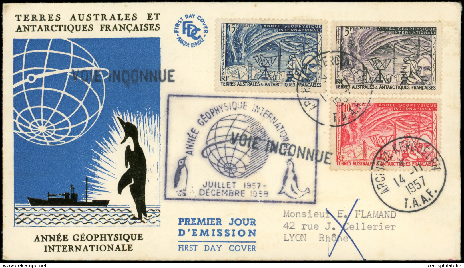 ** T.A.A.F. PA 9 : U.I.T. Et Poste N°8/10 Obl. 14/11/57 S. Env. FDC, Arr. LYON 6/5/58, TB - Poste Aérienne