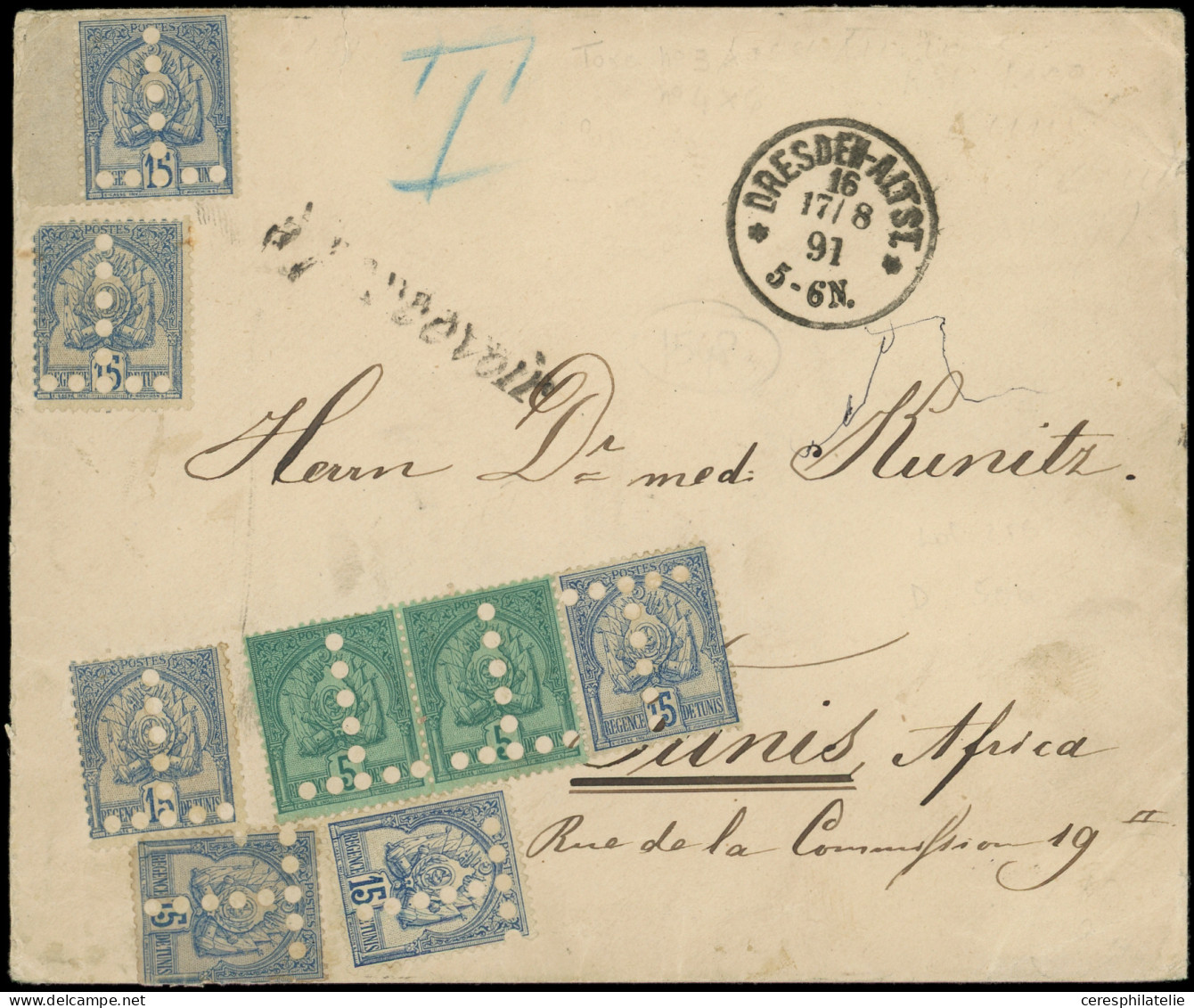 Let TUNISIE Taxe 11 : 5c. Vert, PAIRE, N°14 15c. Bleu (6), S. Lettre Au 2e échelon En Provenance D'Allemagne, Càd DRESDE - Other & Unclassified