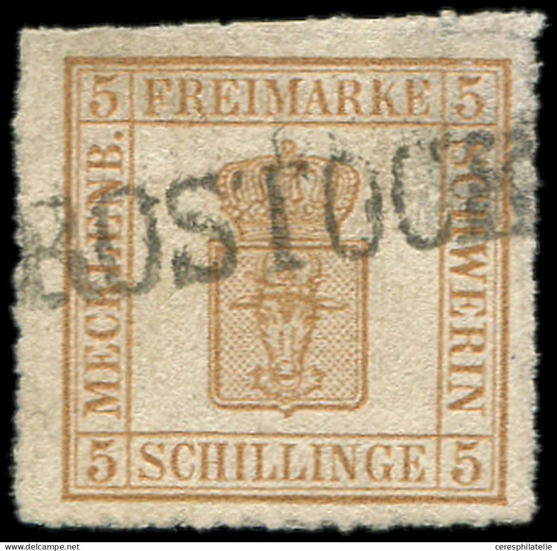 ALLEMAGNE (ANCIENS ETATS) MECKLEMBOURG-SCHWERIN 7a : 5s. Bistre, Papier épais, Obl. ROSTOCK, TB, Signé Pfenninger - Mecklenbourg-Schwerin