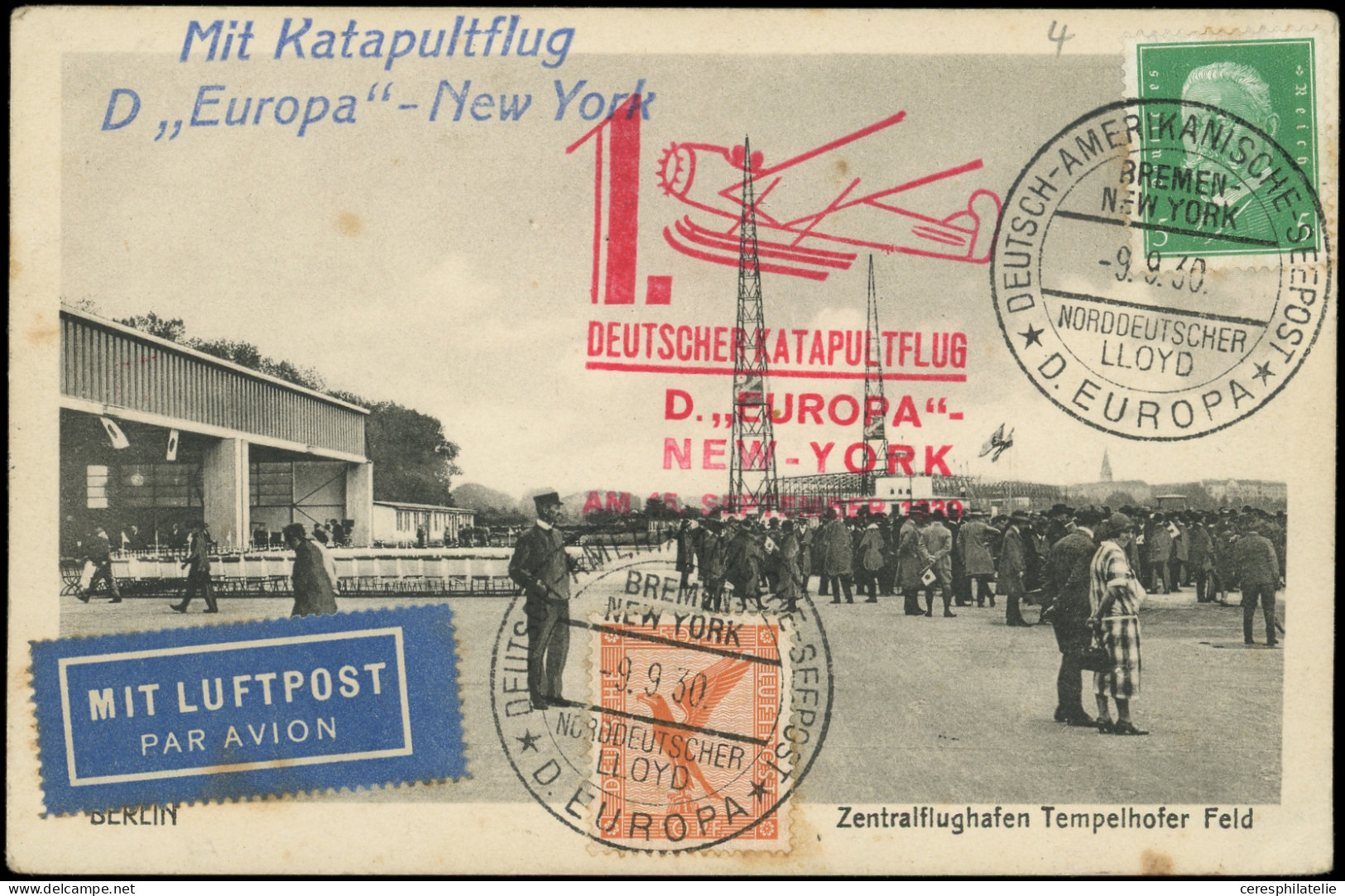 Let EMPIRE PA 31 Et Poste 402 Obl. Deutsch-Americanische-Seepost 9/9/30 S. CP Par Avion, Cachet Catapulte D'EUROPA-NEW-Y - Airmail & Zeppelin