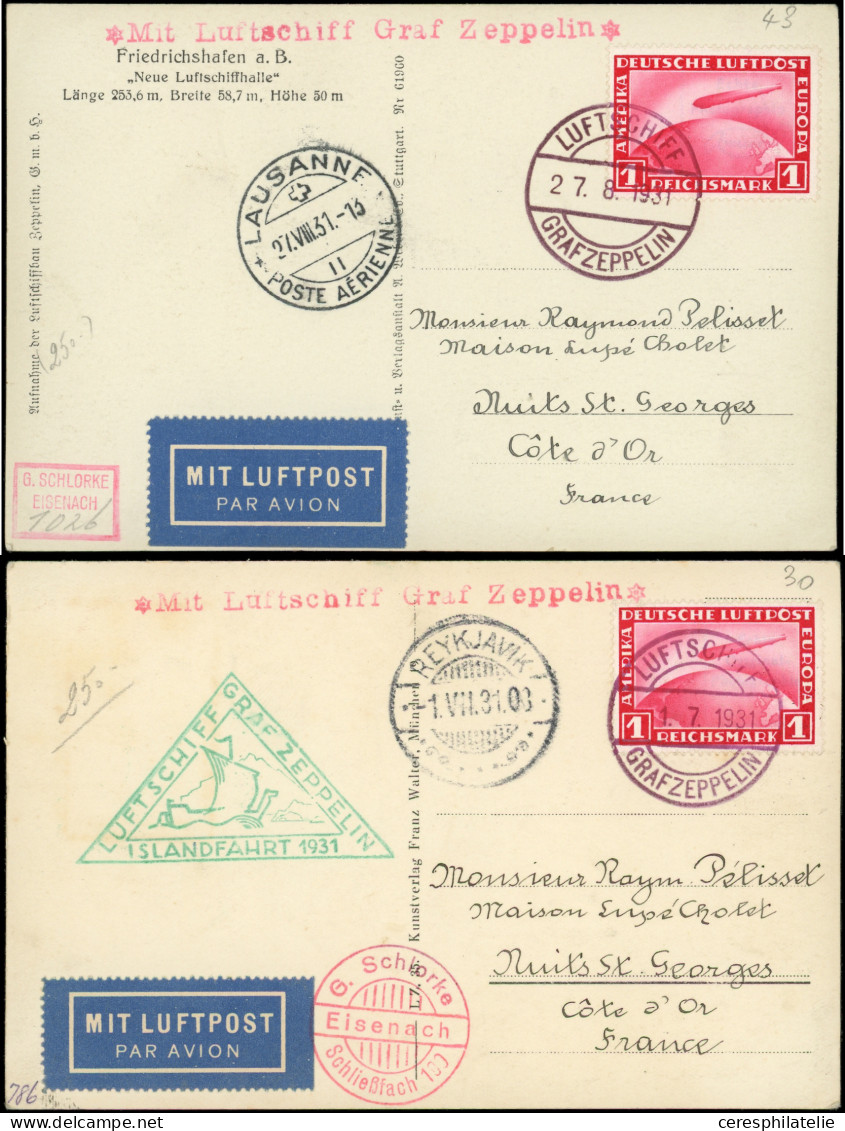 Let EMPIRE PA 35 : 1m. Carmin, Obl. Grafzeppelin Sur 4 CP De 1931, 3 Cachets Zeppelin Différents, TB - Poste Aérienne & Zeppelin