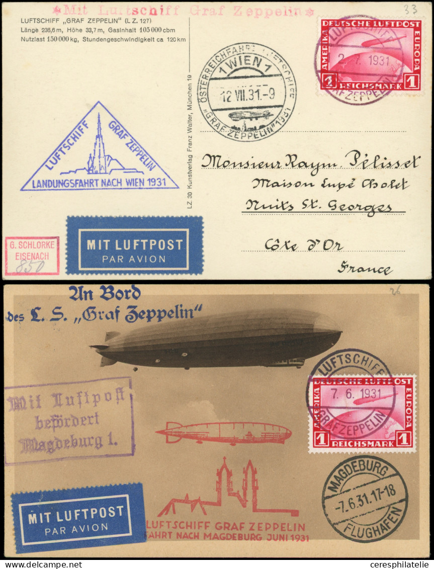 Let EMPIRE PA 35 : 1m. Carmin, Obl. Grafzeppelin Sur 4 CP De 1931, 3 Cachets Zeppelin Différents, TB - Airmail & Zeppelin