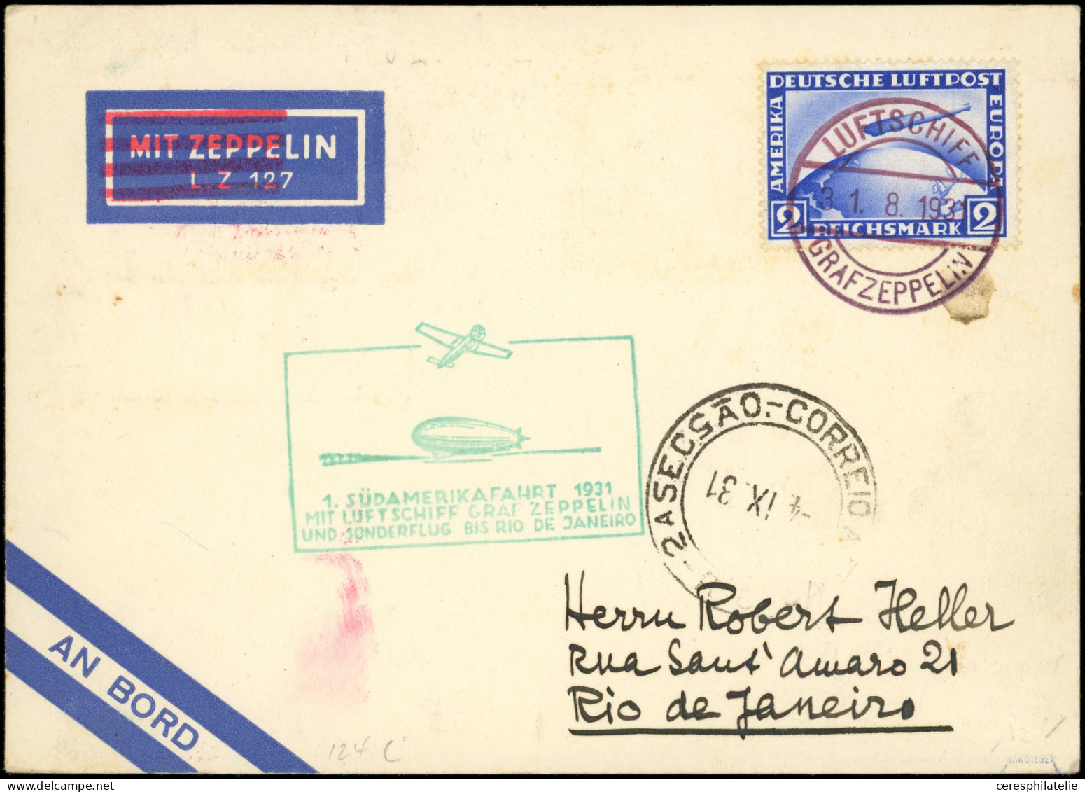 Let EMPIRE PA 36 : 2m. Outremer Obl. LUFTSCHIFF GRAFZEPPELIN S. CP Avec Illustré Sudamerikafahrt, Arr. RIO De JANEIRO 4/ - Airmail & Zeppelin