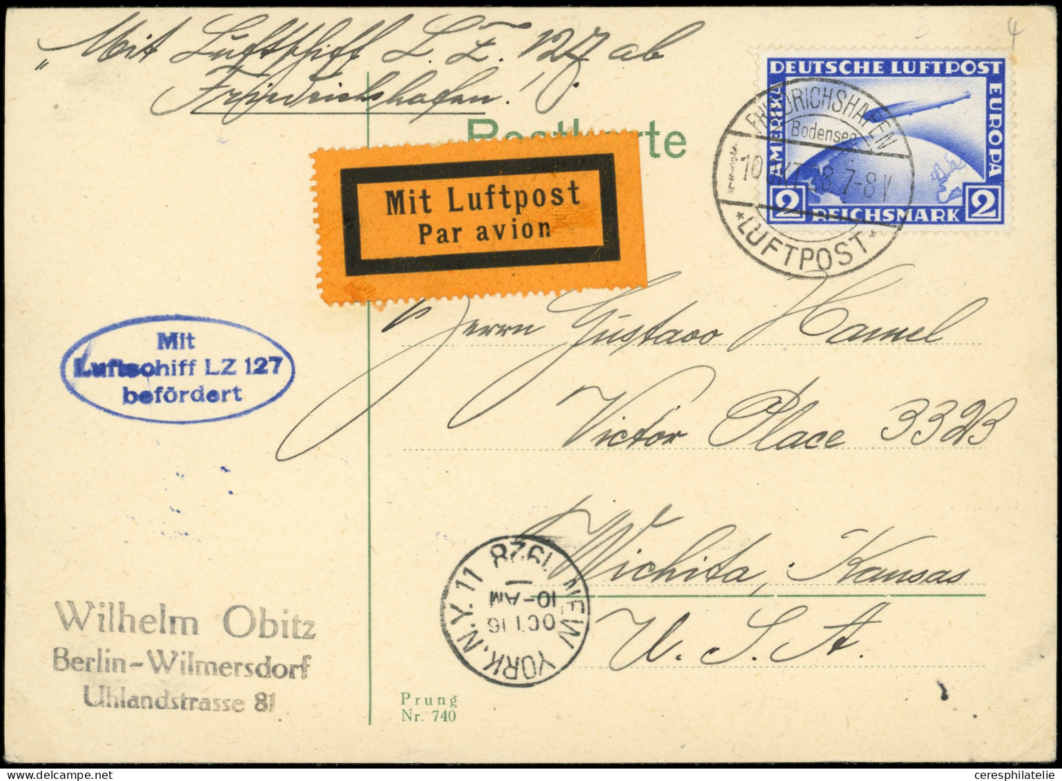 Let EMPIRE PA 36 : 2m. Outremer Obl. Friedrichshafen 10/10/28 S. CP, Cachet Zeppelin LZ 127, Arr. NEW-YORK 16/10, TB - Luft- Und Zeppelinpost