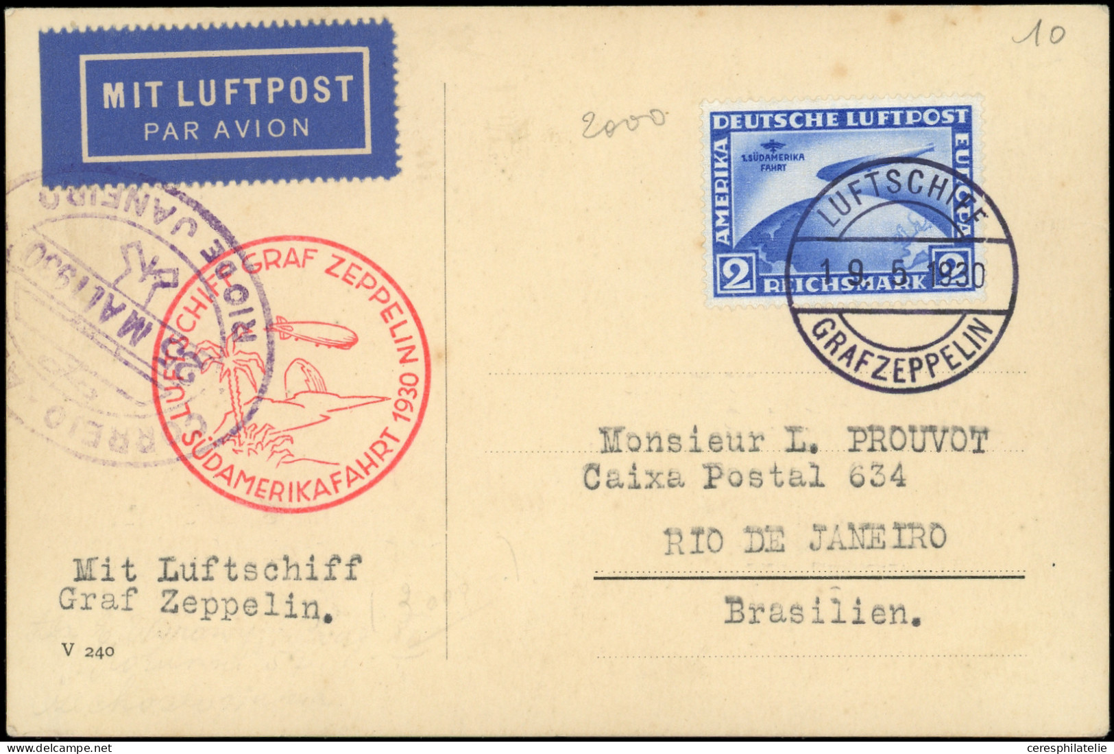 Let EMPIRE PA 38 : 2m. Outremer, SUDAMERIKA FAHRT Obl. LUFTSCHIFF/GRAFZEPPELIN 19/5/30 S. CP, Cachet Zeppelin, Arr. RIO  - Luchtpost & Zeppelin