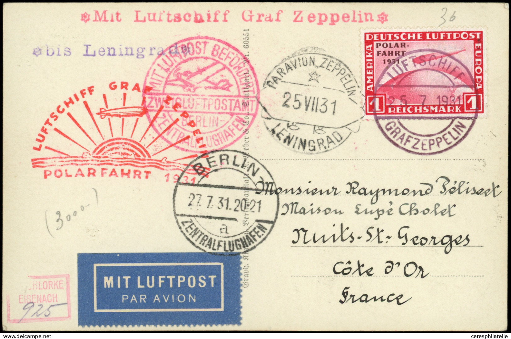 Let EMPIRE PA 40 : 1m. Carmin, POLAR FAHRT, Obl. Càd 25/7/31 S. CP, Càd PAR AVION ZEPPELIN/LENINGRAD 25/7, Càd Berlin 27 - Poste Aérienne & Zeppelin