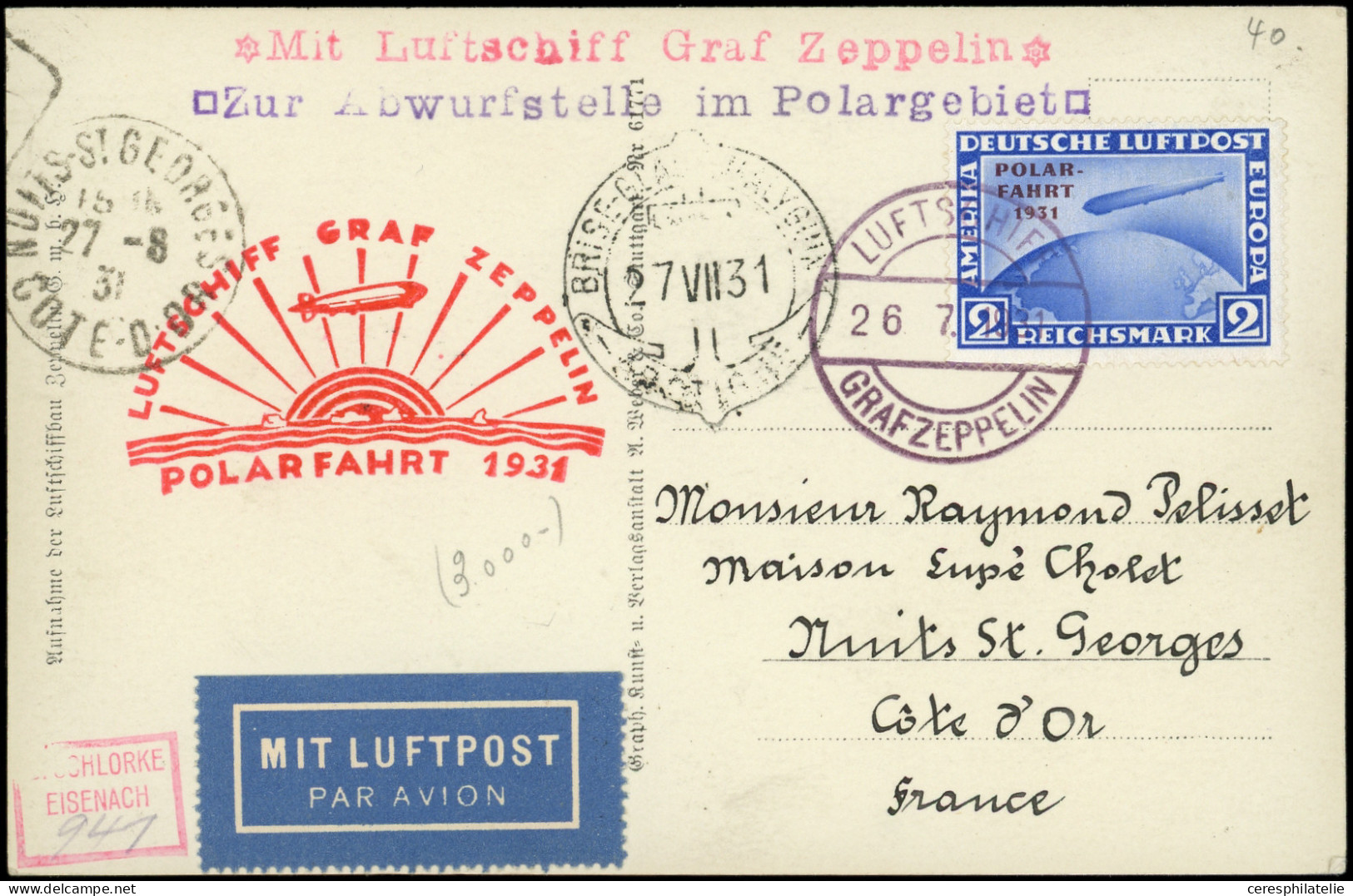 Let EMPIRE PA 41 : 2m. Outremer, POLAR FAHRT, Obl. 26/7/31 S. CP, Càd BRISE GLACE 27/7, Cachet Zeppelin, Arr. NUIT ST GE - Airmail & Zeppelin