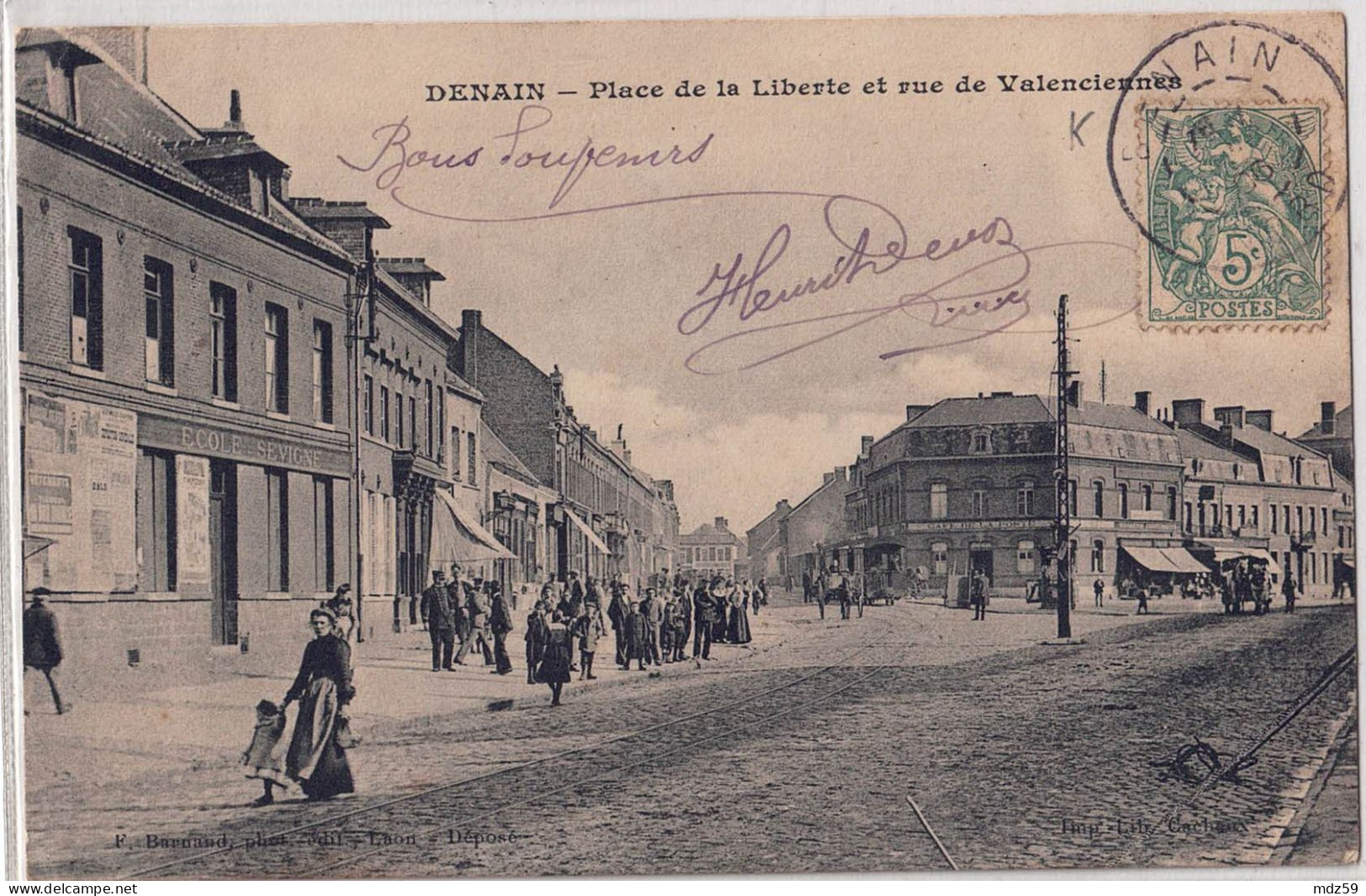 Denain, CPA Circulée, Place De La Liberté Et Rue De Valenciennes, Mines - Denain