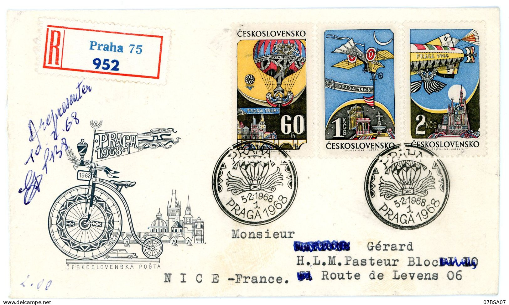 TCHECOSLOVAQUIE ENV 1968 PRAHA LETTRE RECOMMANDEE AVION => FRANCE   VELO BICYCLETTE - Storia Postale