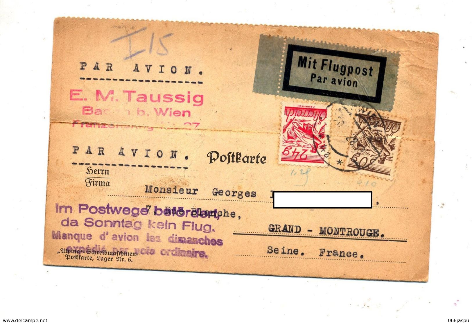 Carte Cachet Wien Sur Mont + Cachet  Pas Avion Dimanche - Storia Postale