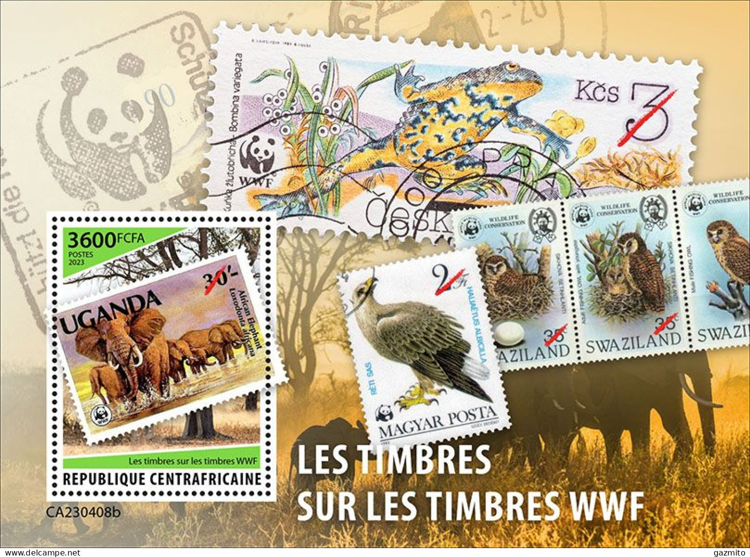 Centrafrica 2023, WWF On Stamps, Elephant, Frog, Owl, BF - Ranas