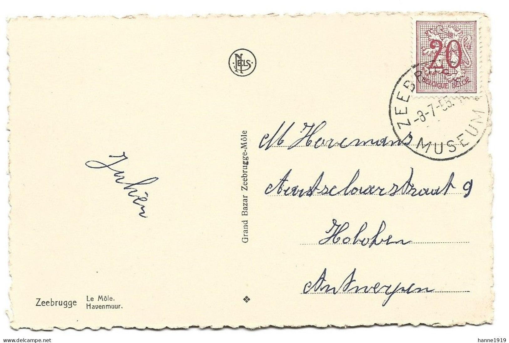 Zeebrugge Havenmuur Le Môle Briefstempel 1955 Zeebrugge Museum Htje - Zeebrugge