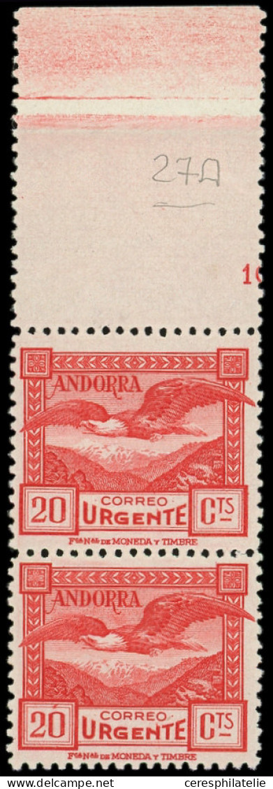 ** ANDORRE ESPAGNOL 27A : 20c. Rouge, Dent. 14, PAIRE Bdf N°A 000,381, TB - Other & Unclassified