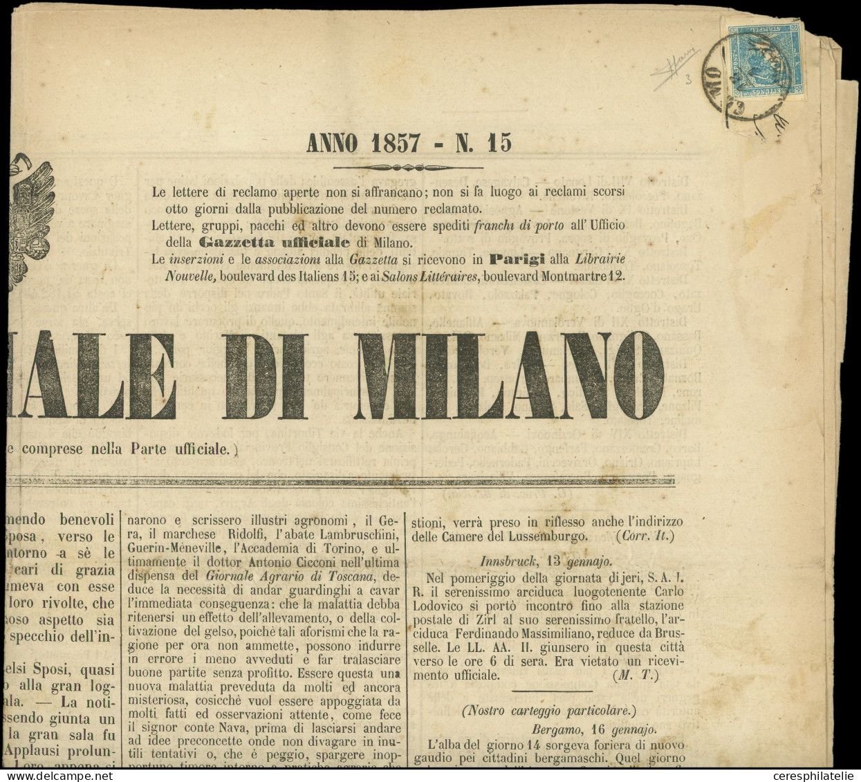 Let ITALIE (ANCIENS ETATS) LOMBARDO-VENETIE Journaux 1 : Mercure Bleu D'Autriche Obl. COMO 18/1 S. Journal GAZETTA UFFIC - Bielorussia