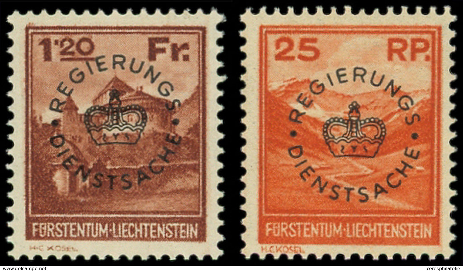 ** LIECHTENSTEIN Service 9/10 : 25r. Rouge-orange Et 1f20 Brun Rouge De 1932, TB - Service