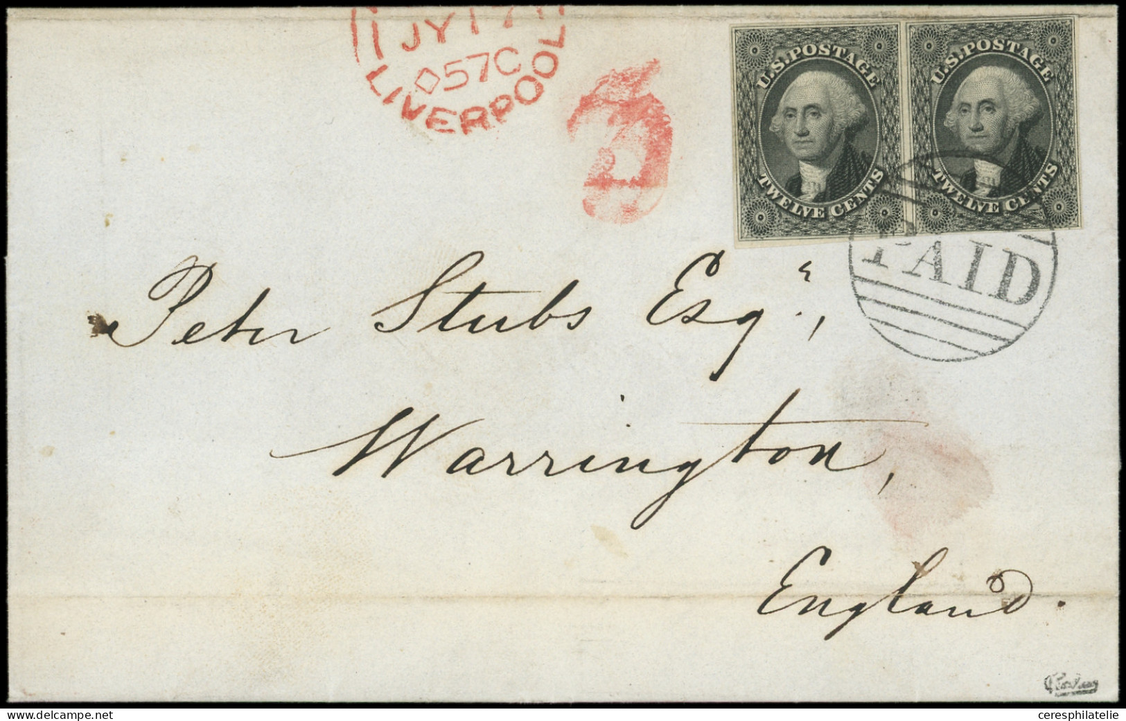 Let ETATS-UNIS 8 : 12c. Noir, PAIRE Obl. Cercle PAID S. LAC De BOSTON 30/6/1857, Càd Rouge LIVERPOOL JY 17, Arr. WARRING - Other & Unclassified