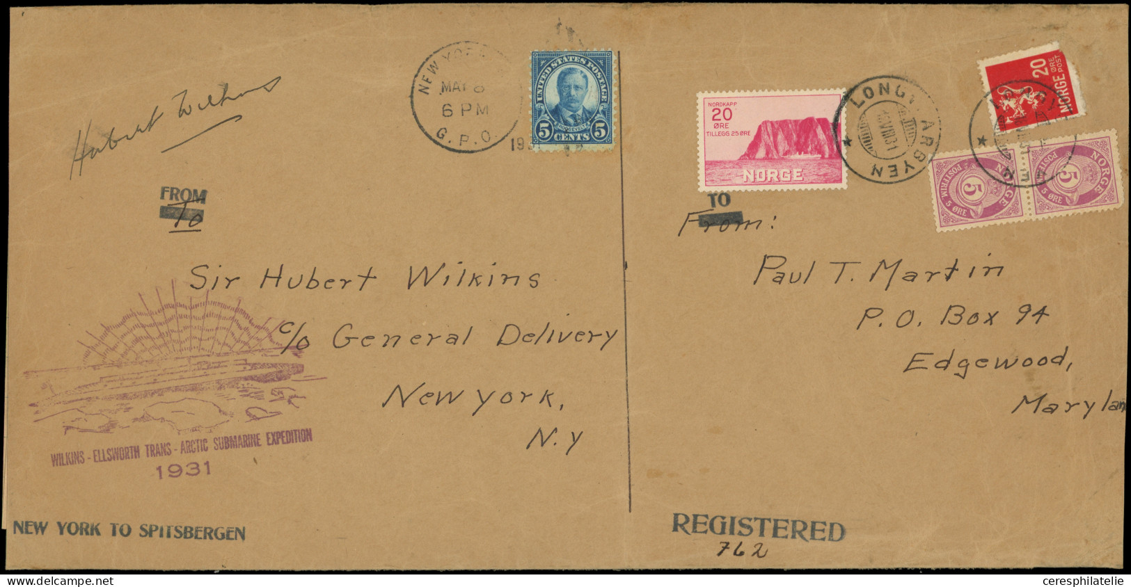 Let ETATS-UNIS 232 : 5c. Bleu Obl. NEW-YORK 8/5/31 S. Grande Env., MIXTE Avec Norvège N°92 PAIRE, 115 Et 152 Obl. LONGYE - Sonstige & Ohne Zuordnung