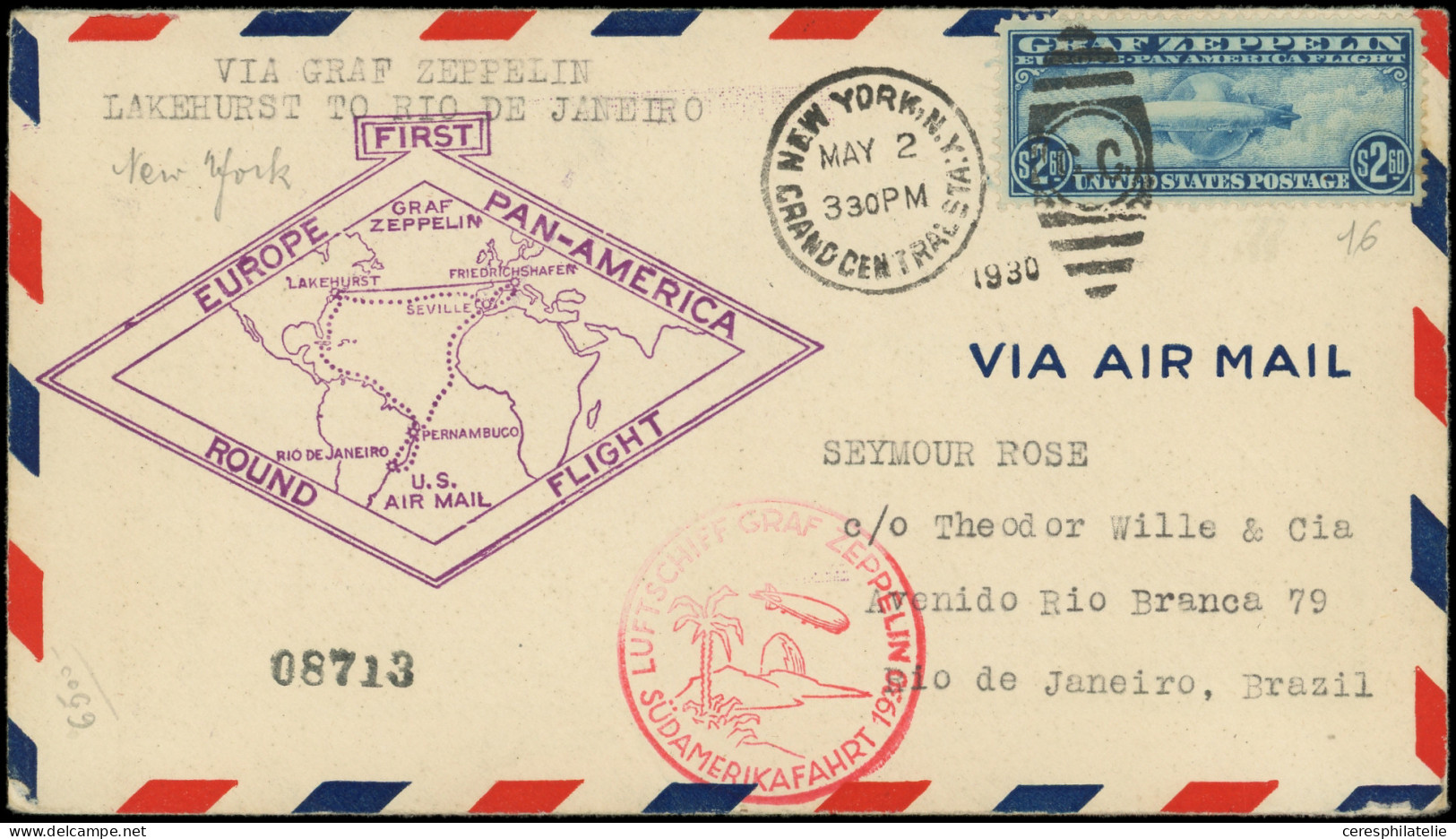 Let ETATS-UNIS PA 15 : 2$.60 Bleu Obl. Càd NEW-YORK 2/5/30 S. Env., Cachet Zeppelin, Arr. RIO De JANEIRO 25/5, TB - Autres & Non Classés