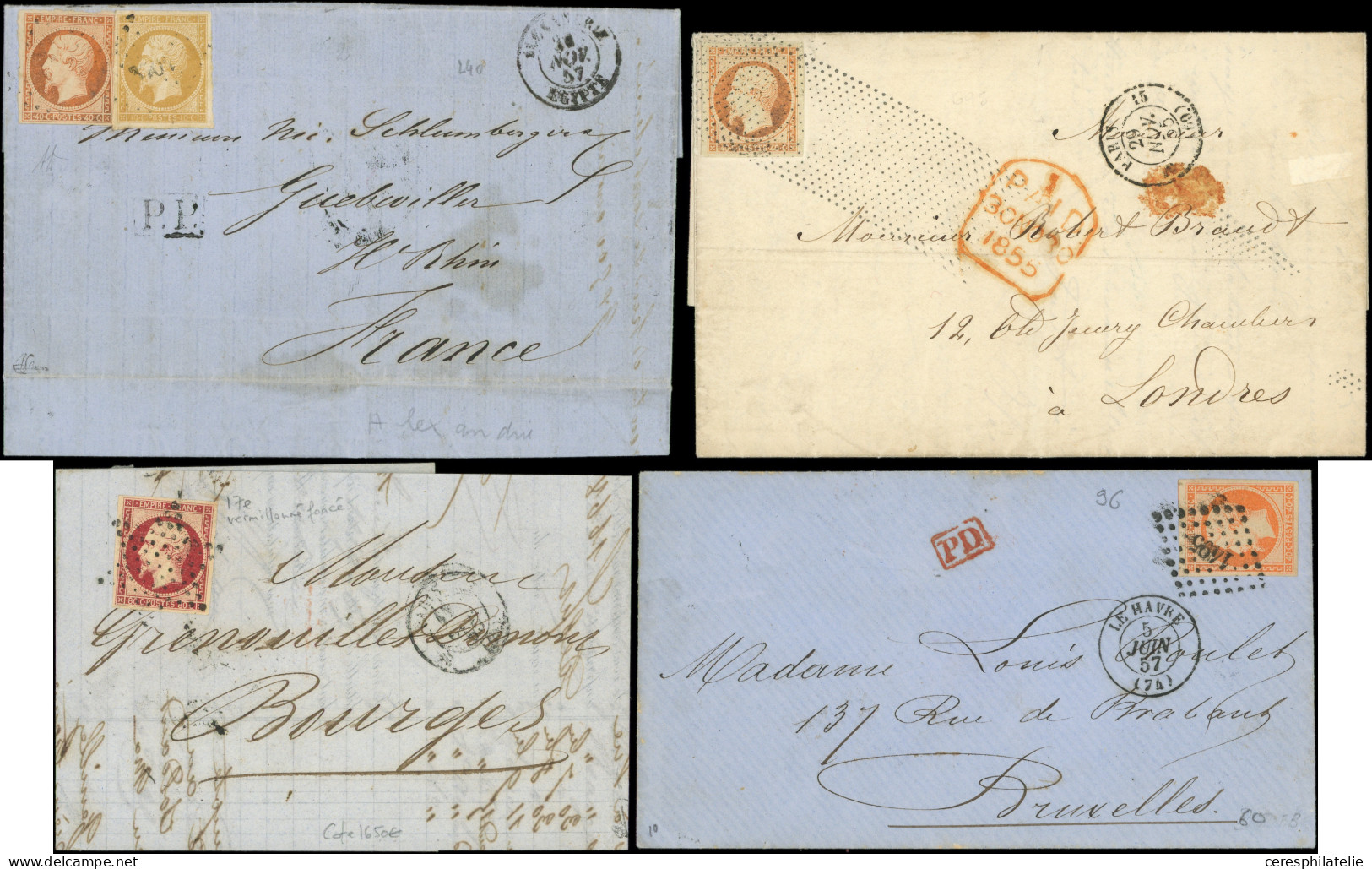 Let Empire Non Dentelé, 24 Lettres Ou Documents, Affranchissements Divers, Dont N°11 Seul, 12 Seul, 14 Piquage Susse, Lo - Sammlungen (im Alben)