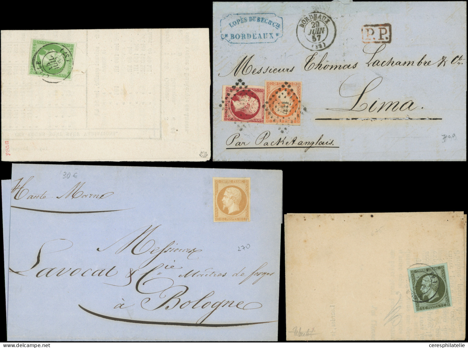 Let Empire Non Dentelé, 24 Lettres Ou Documents, Affranchissements Divers, Dont N°11 Seul, 12 Seul, 14 Piquage Susse, Lo - Sammlungen (im Alben)