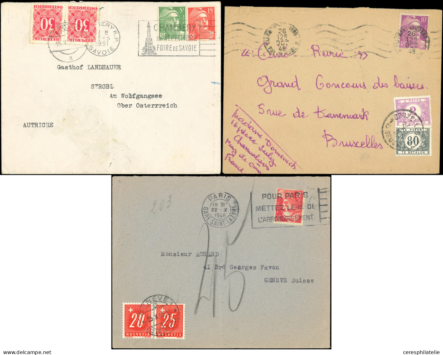 Let Lot De 7 Env. Affr. Gandon Avec Taxes Coloniaux Ou étrangers, TB - Collections (with Albums)