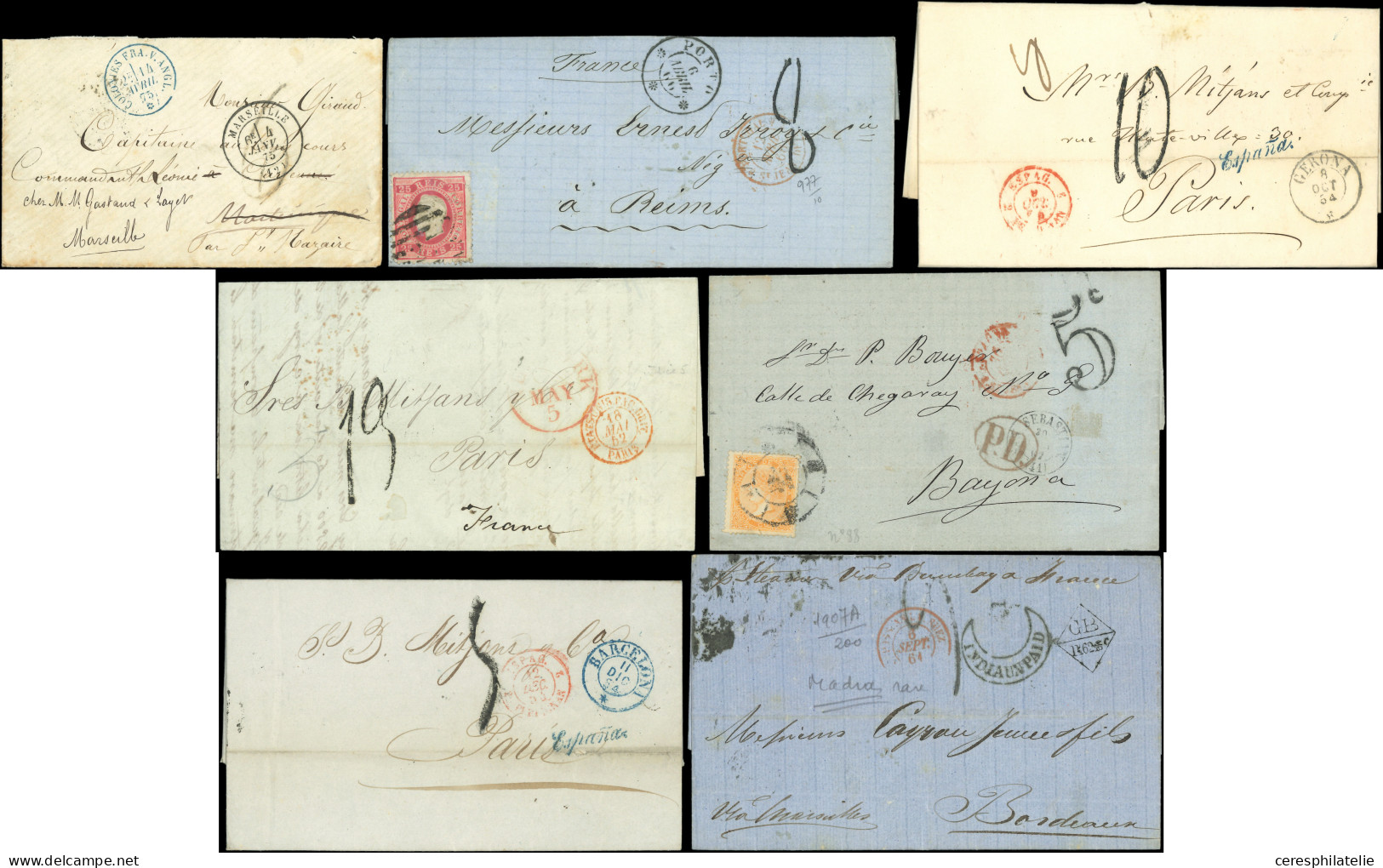 Let Lot De 10 Lettres En Provenance De L'Etranger Avec Taxes Au Tampon, Toutes Différentes, 1847-73, TB - Collections