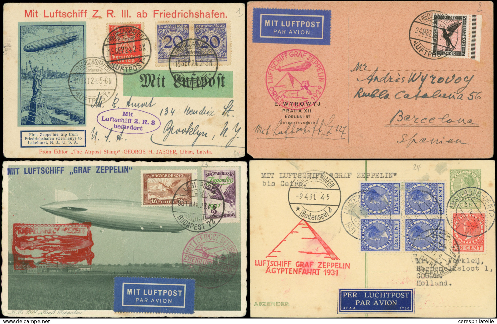 Let Lot De 8 CP Affr. Autriche, Allemagne, Hongrie, Pays-Bas Et Brésil, Cachets Zeppelin Divers 1924-31, TB - Sammlungen (im Alben)