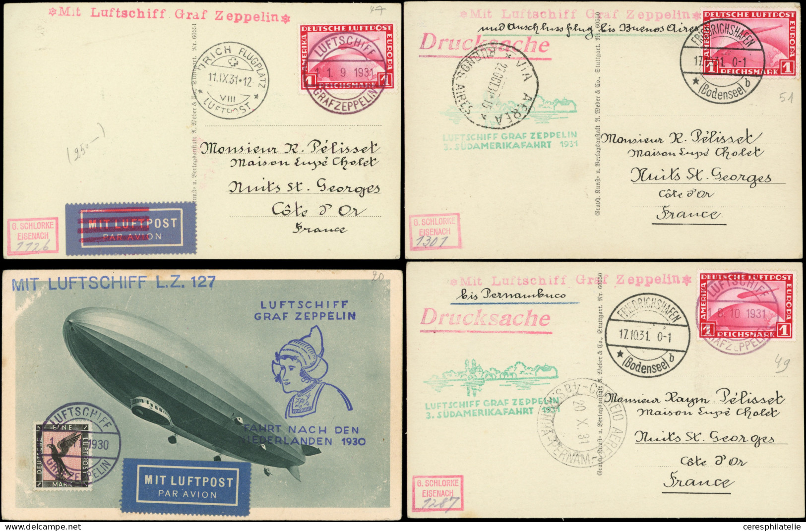 Let Allemagne, Empire, Lot De 7 CP Affranchissements Divers Avec Cachet Zeppelin, 1929-31, TB - Collezioni