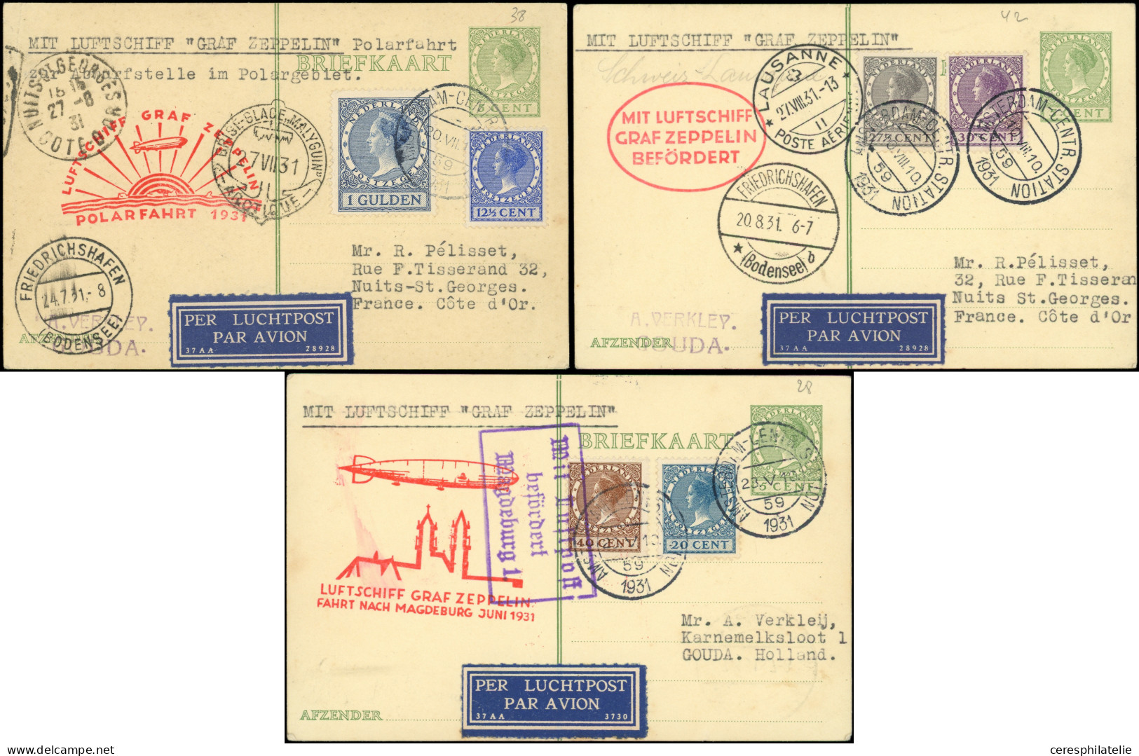 Let Pays-Bas, CP Affr. Divers Avec Cachets Zeppelin, 1931, TB - Poste Aérienne
