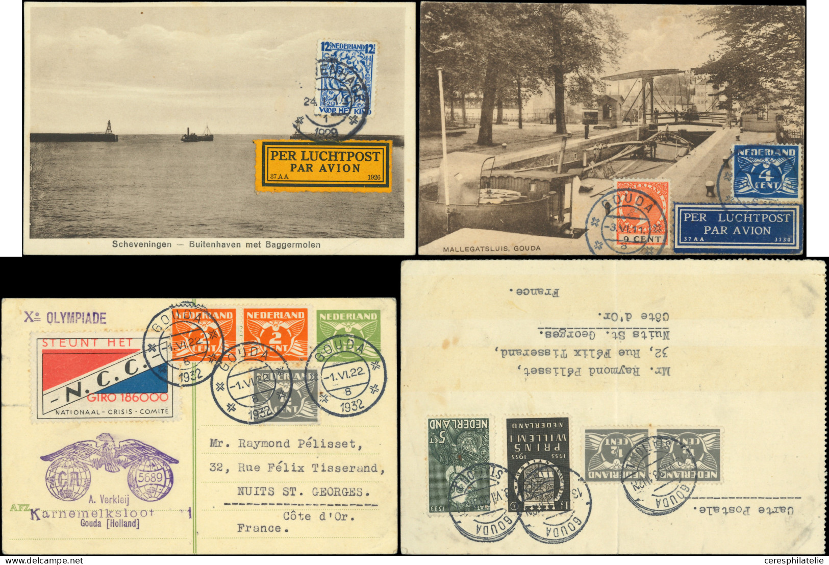 Let Pays-Bas, 14 CP Par Avion, Affranchissements Et Cachets Divers, 1928-31, TB - Airmail