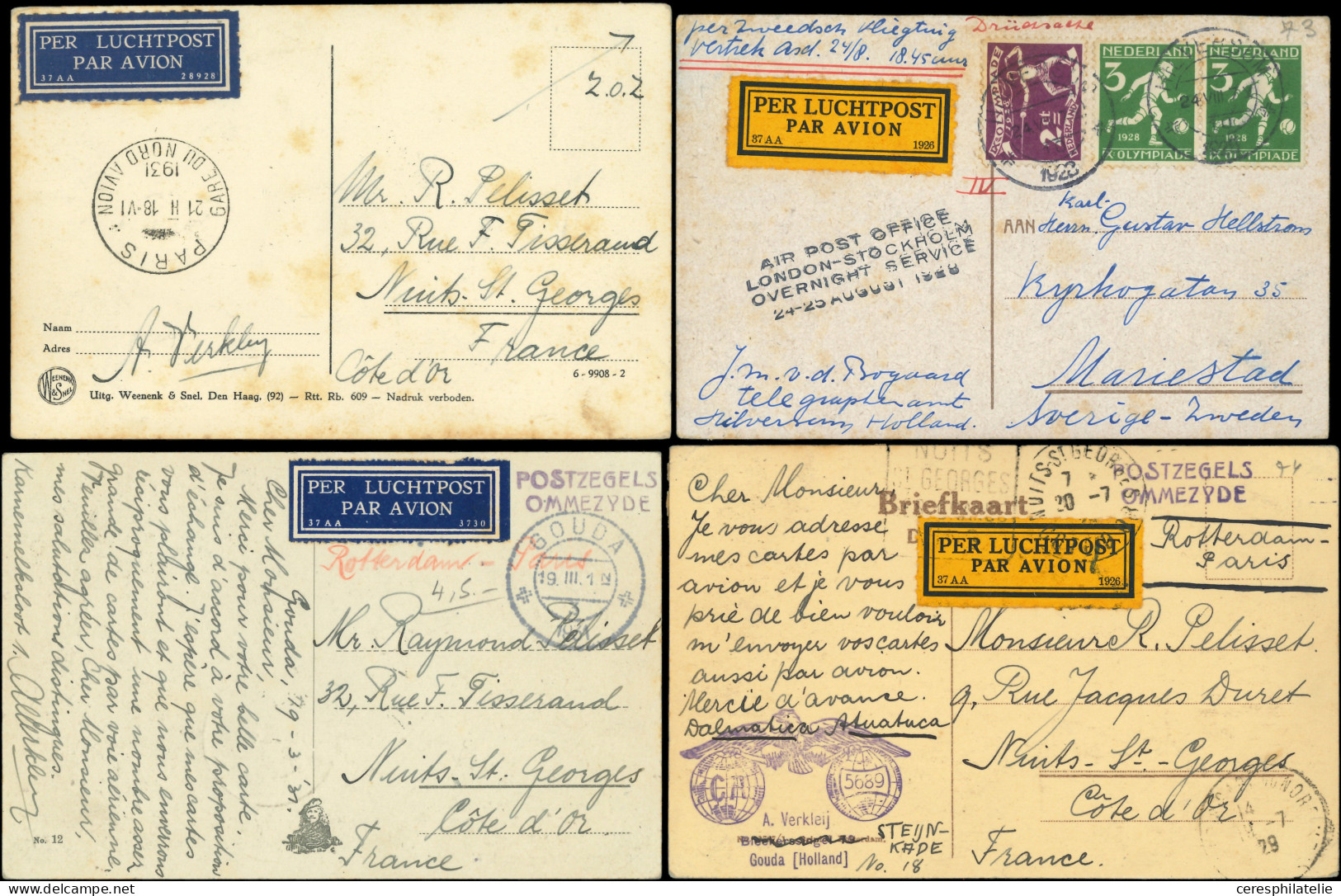 Let Pays-Bas, 14 CP Par Avion, Affranchissements Et Cachets Divers, 1928-31, TB - Luchtpost