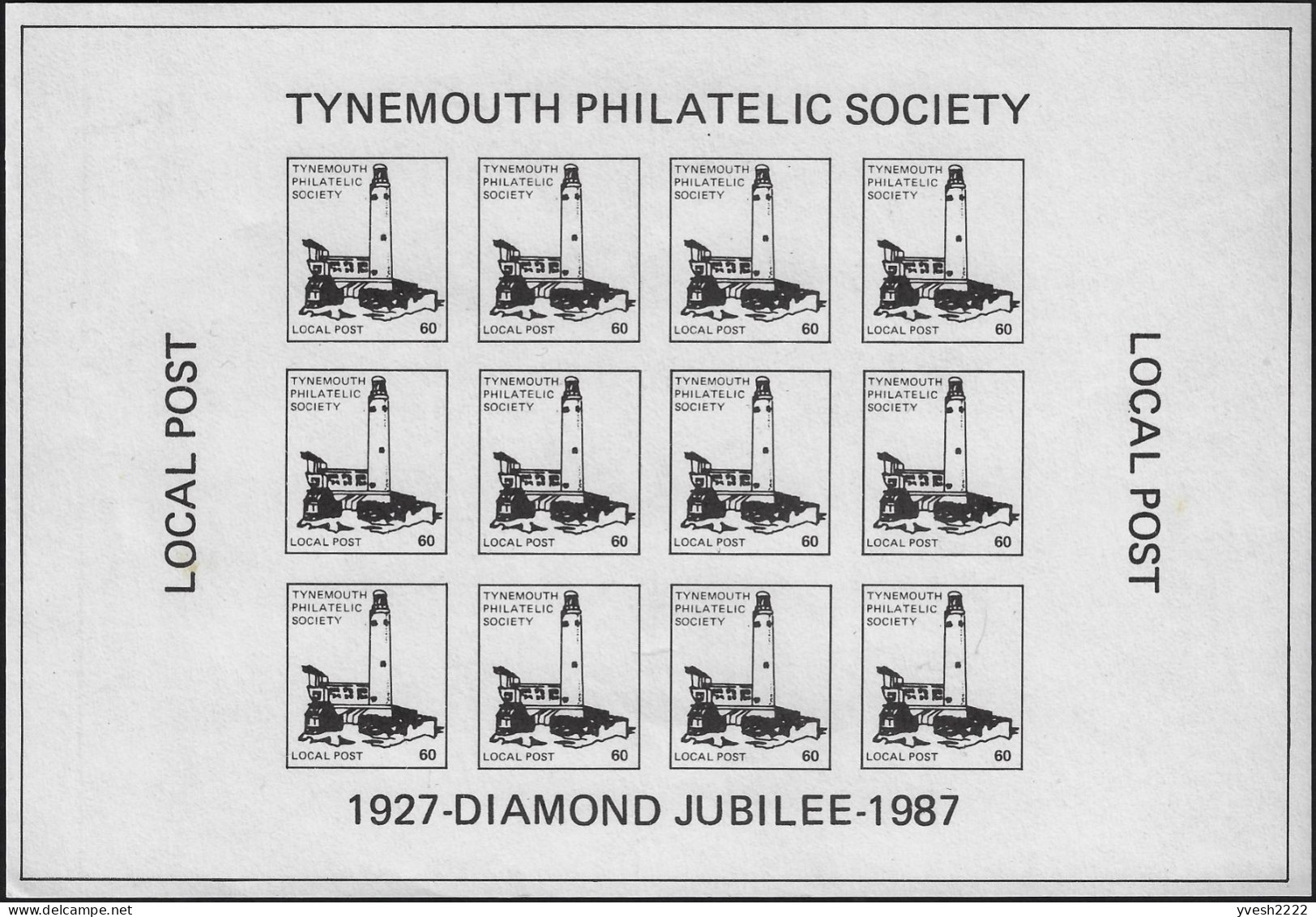 États-Unis USA 1987. Poste Locale T.P.S. Timbre Tynemouth Philatelic Society En Bloc De 12, Non Dentelé, Phare - Phares