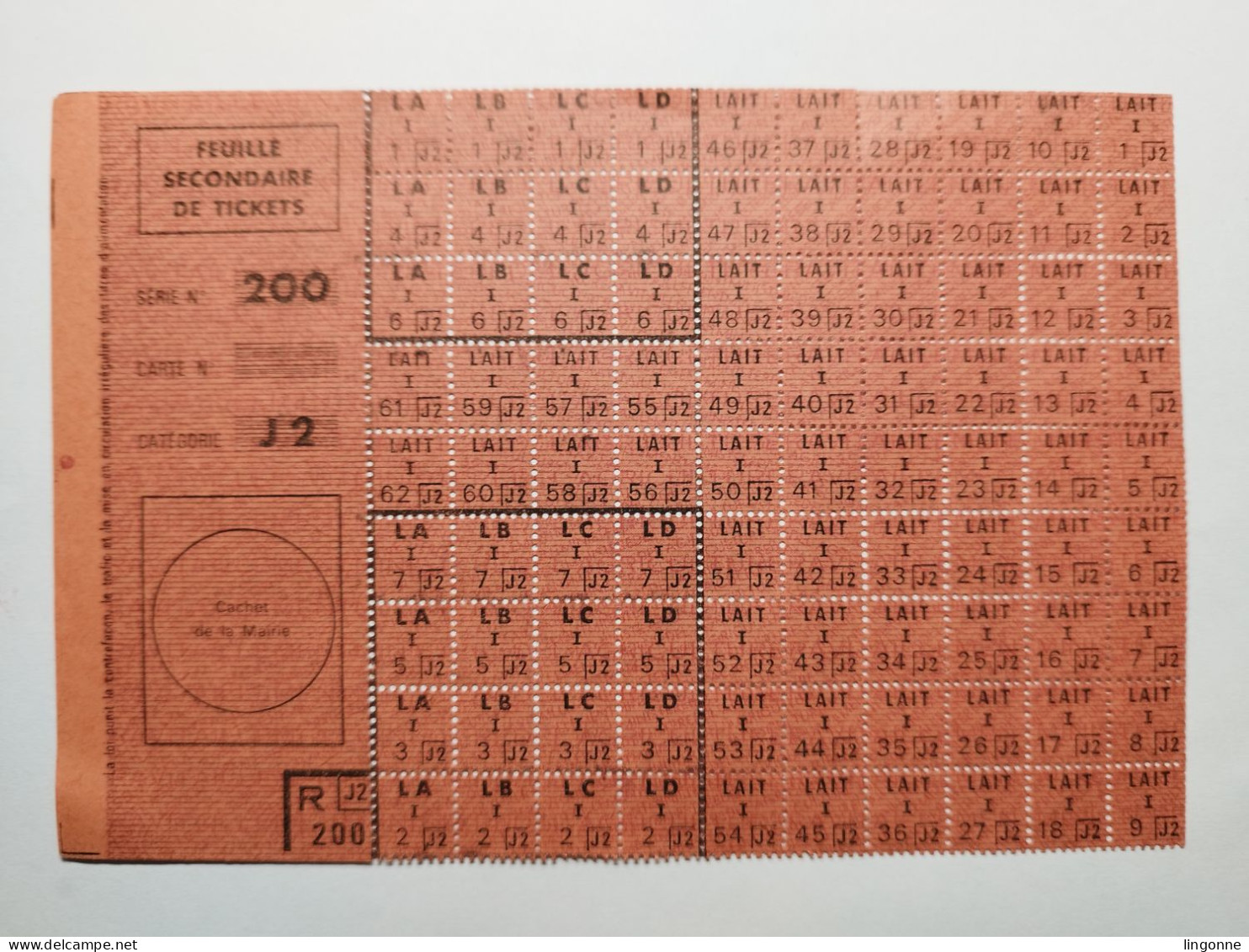 TICKET De RATIONNEMENT : LAIT - Feuille Secondaire De Tickets Série N°200 Catégorie J2 - Documents