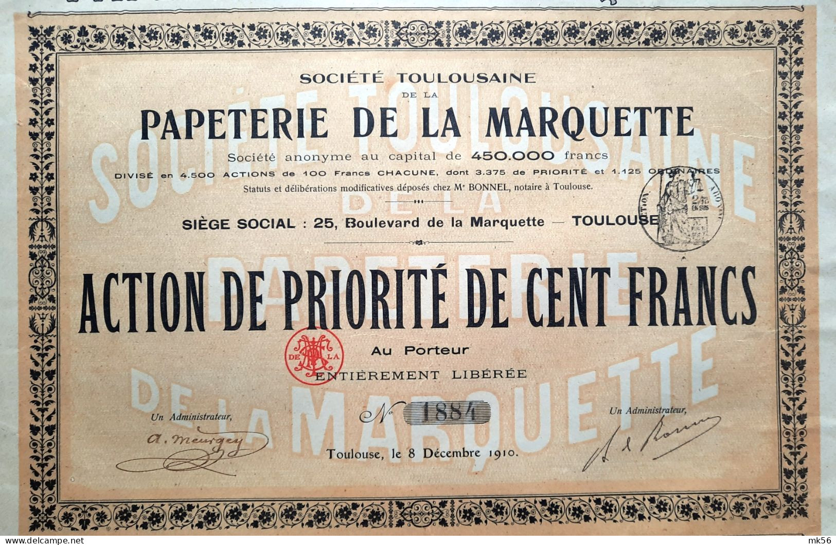 Société Toulousaine De La Papeterie De La Marquette - 1910 - Action De Priorité De 100 Francs - Sonstige & Ohne Zuordnung