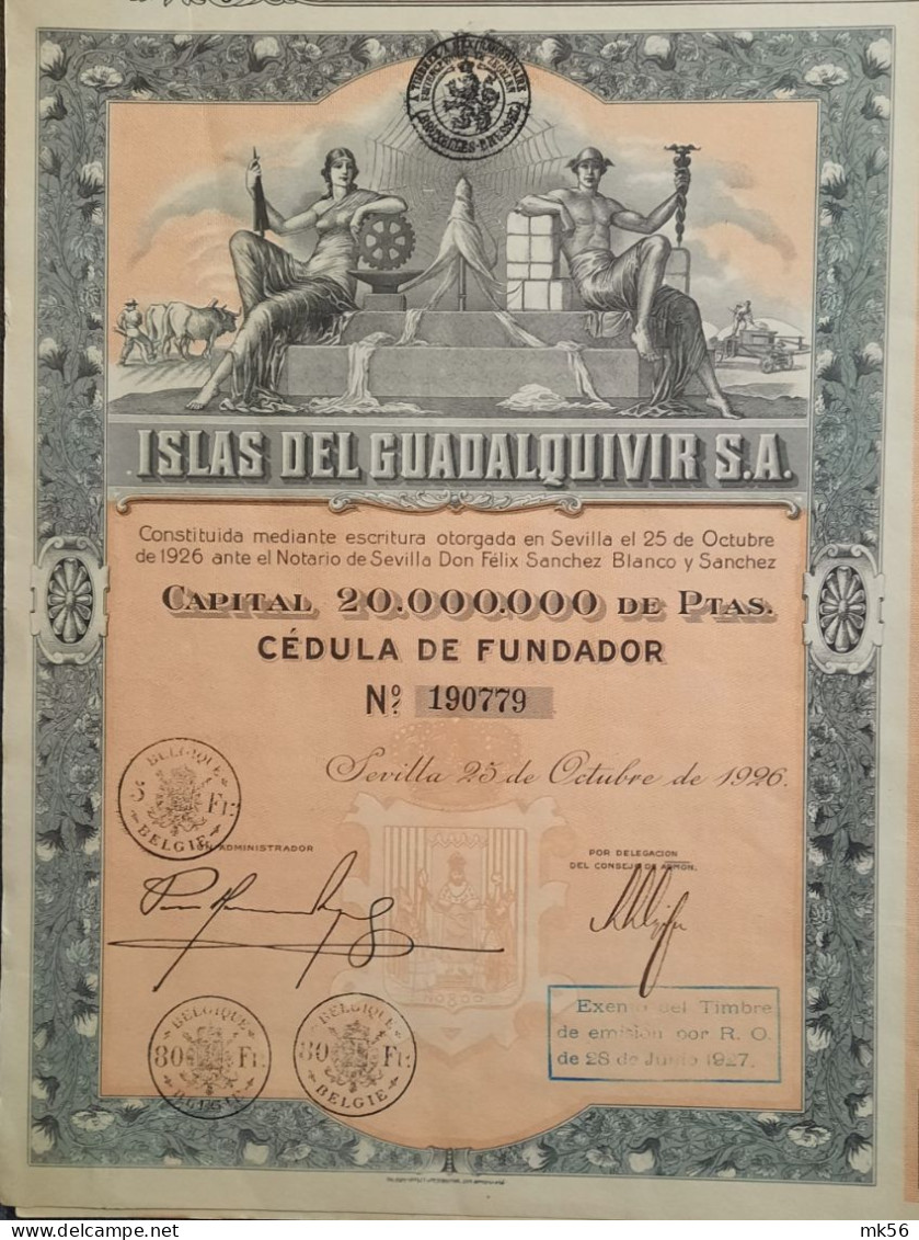 Islas Del Guadalquivir - Sevilla - 1926 - Cédula De Fundador - Chemin De Fer & Tramway