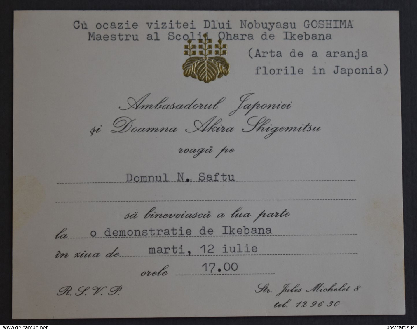 Invitatie Nobuyasu Goshima Scoala Ohara De Ikebana Ambasadorul Japoniei Japan 1965–1968 - Verlobung