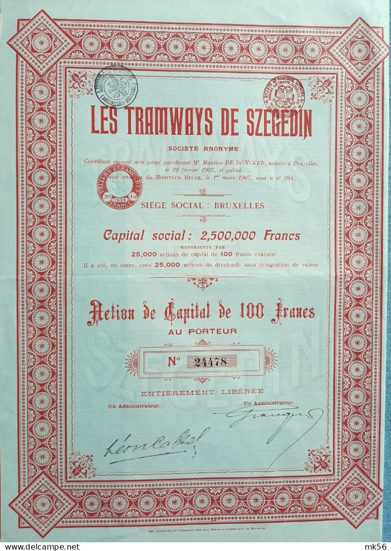 Les Tramways De Szegedin - 1907 - Bruxelles - Action De Capital De 100 Francs - Bahnwesen & Tramways