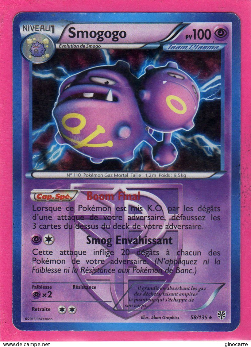 Carte Pokemon Francaise 2013 Noir Et Blanc Tempete Plasma 58/135 Smogogo 100pv Holo Occasion - Noir & Blanc