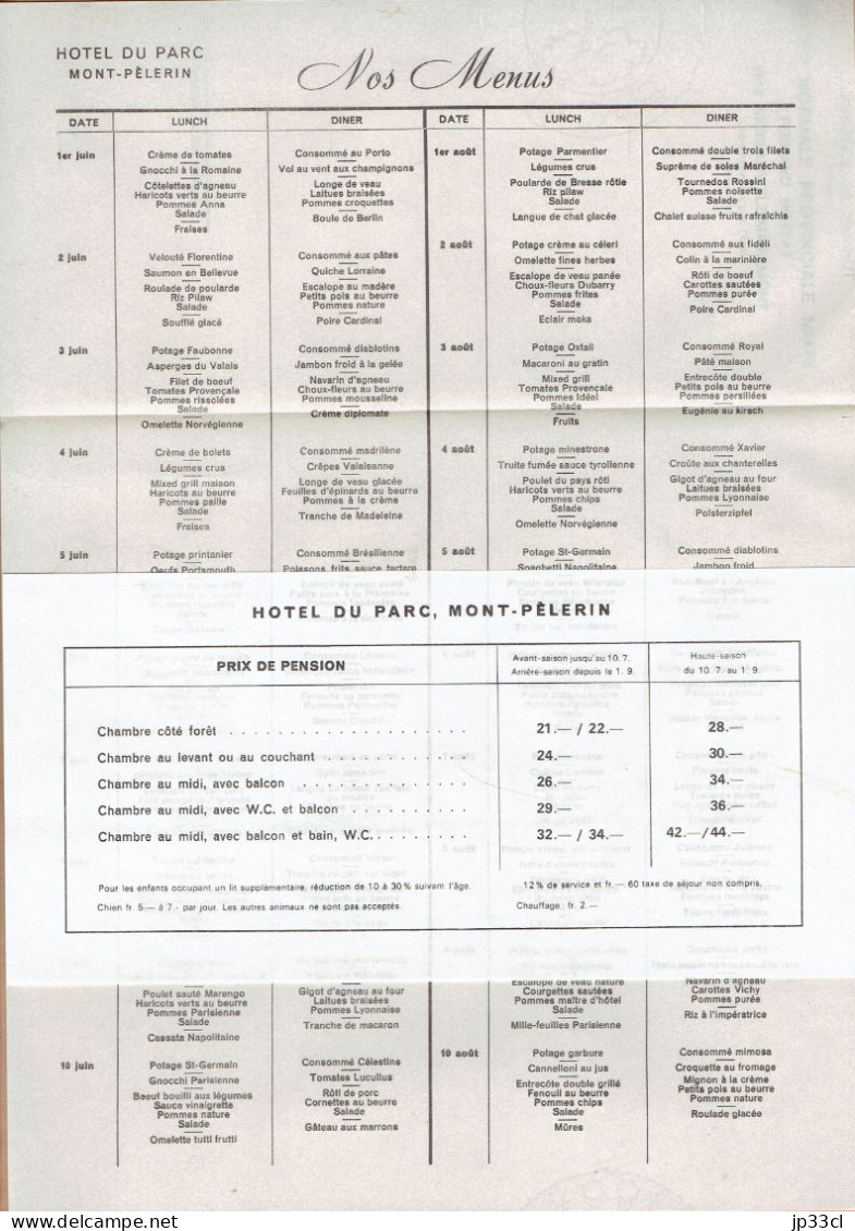 Souvenirs D'un Séjour à L'Hôtel Du Parc (Mont Pèlerin S/ Vevey (Suisse) En 1966) (Dépliant, Menus, Tarifs, Facture) - Zwitserland