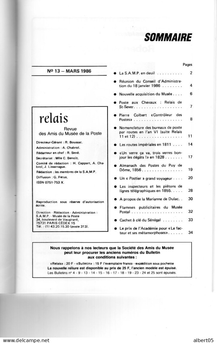 Relais N° 13 - Mars 1986  Revue Des Amis Du Musée De  La Poste - Avec Sommaire - Routes Impériales - Dulac.......... - Philatélie Et Histoire Postale