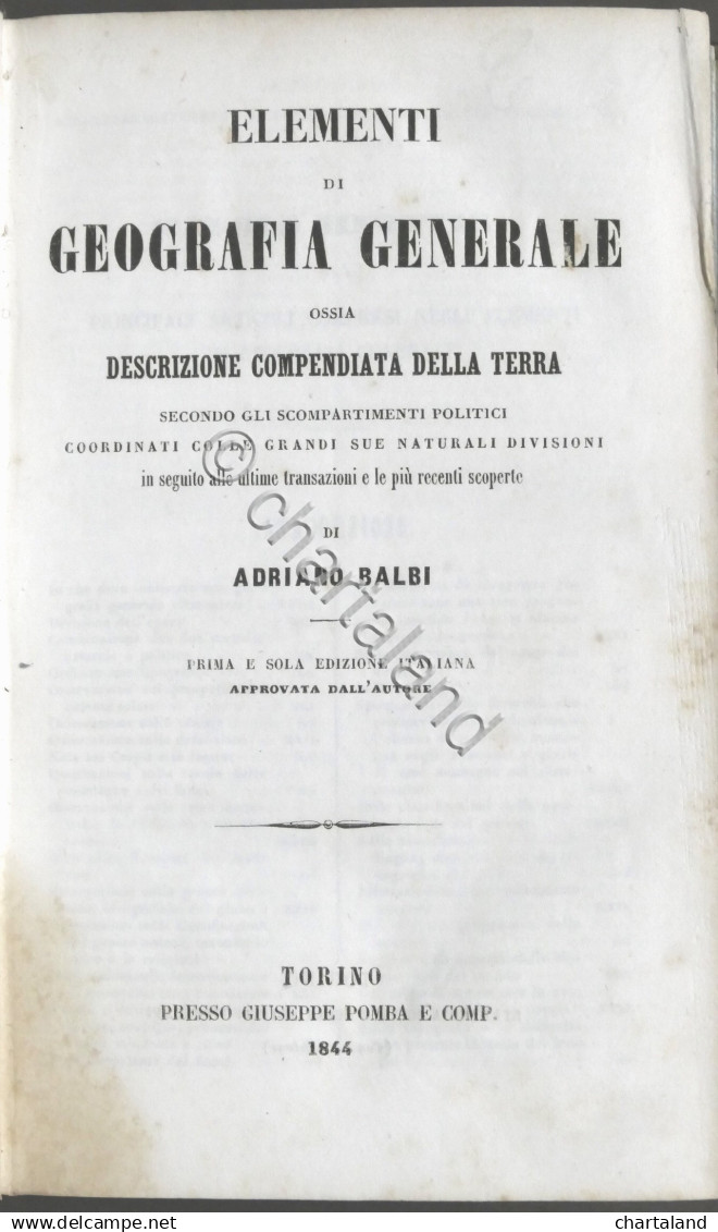 A. Balbi - Elementi Di Geografia Generale - 1^ Ed. 1844 - Sonstige & Ohne Zuordnung