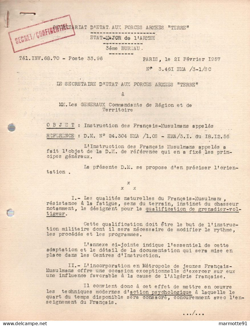 GUERRE ALGERIE ARMEE FRANCAISE  INSTRUCTION DES FRANCAIS MUSULMANS APPELES 1957 - Documenti