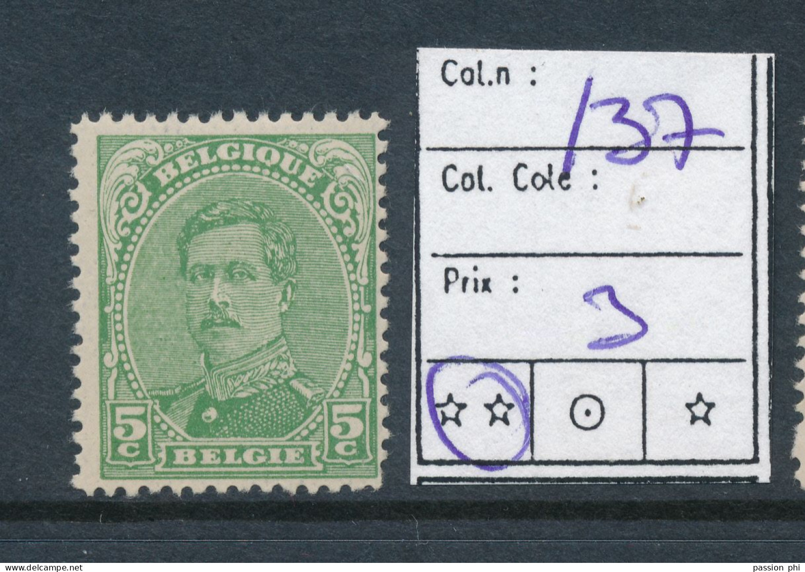 BELGIUM BELGIQUE COB 137   MNH - 1915-1920 Albert I.