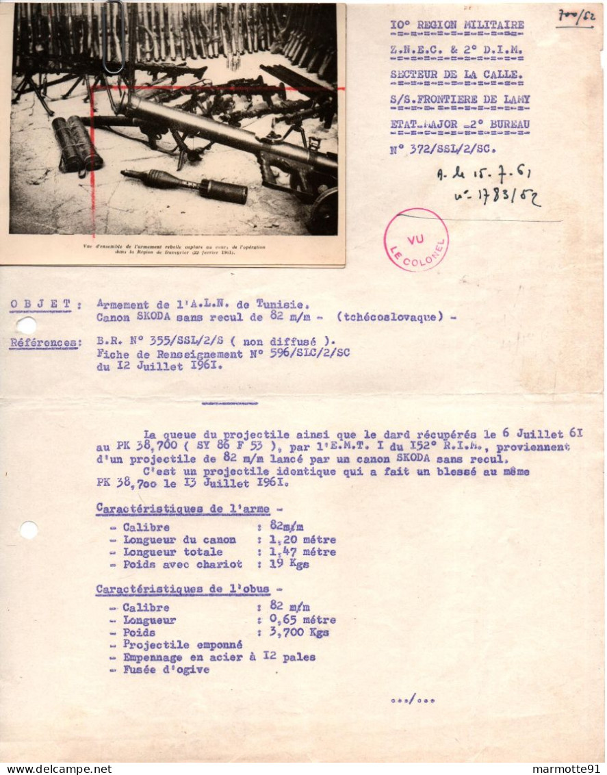 GUERRE ALGERIE ARMEE FRANCAISE ARMEMENT ALN DE TUNISIE  CANON SKODA 1961 - Documenti