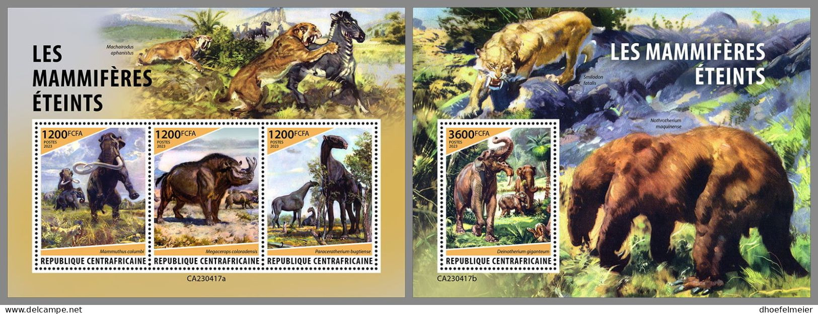 CENTRAL AFRICAN 2023 MNH Extinct Mammals Ausgestorbene Säugetiere M/S+S/S – IMPERFORATED – DHQ2415 - Prehistóricos